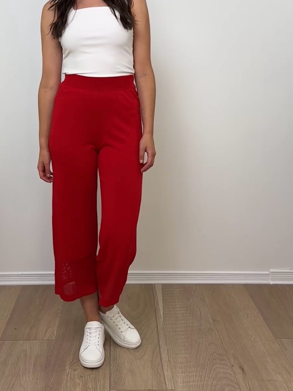 Joseph Ribkoff 251915 Radiant Red Mesh Hem Cropped Wide Leg Knit Pants M